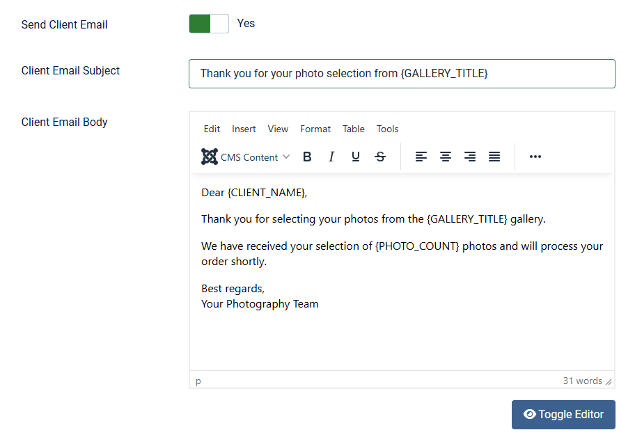 Email configuration with placeholders