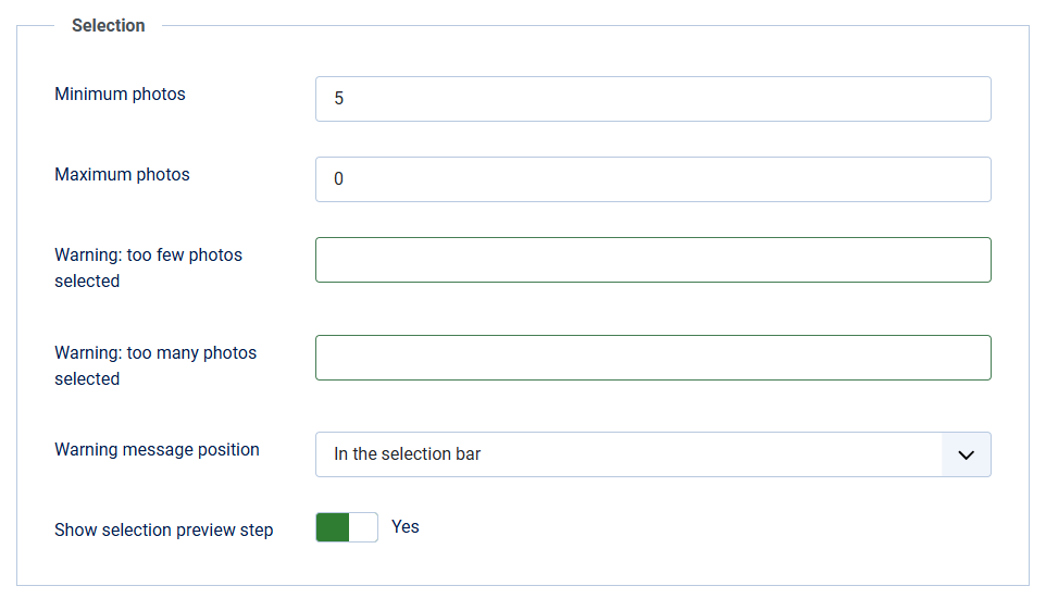client response gallery options selection