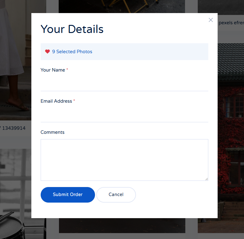 Client photo selection interface with heart icons